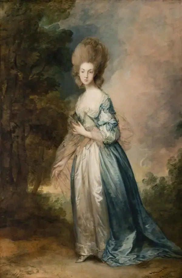 Retrato de Selina Thistlethwayte de la corte normanda, de pie con vestido azul y blanco - Thomas Gainsborough