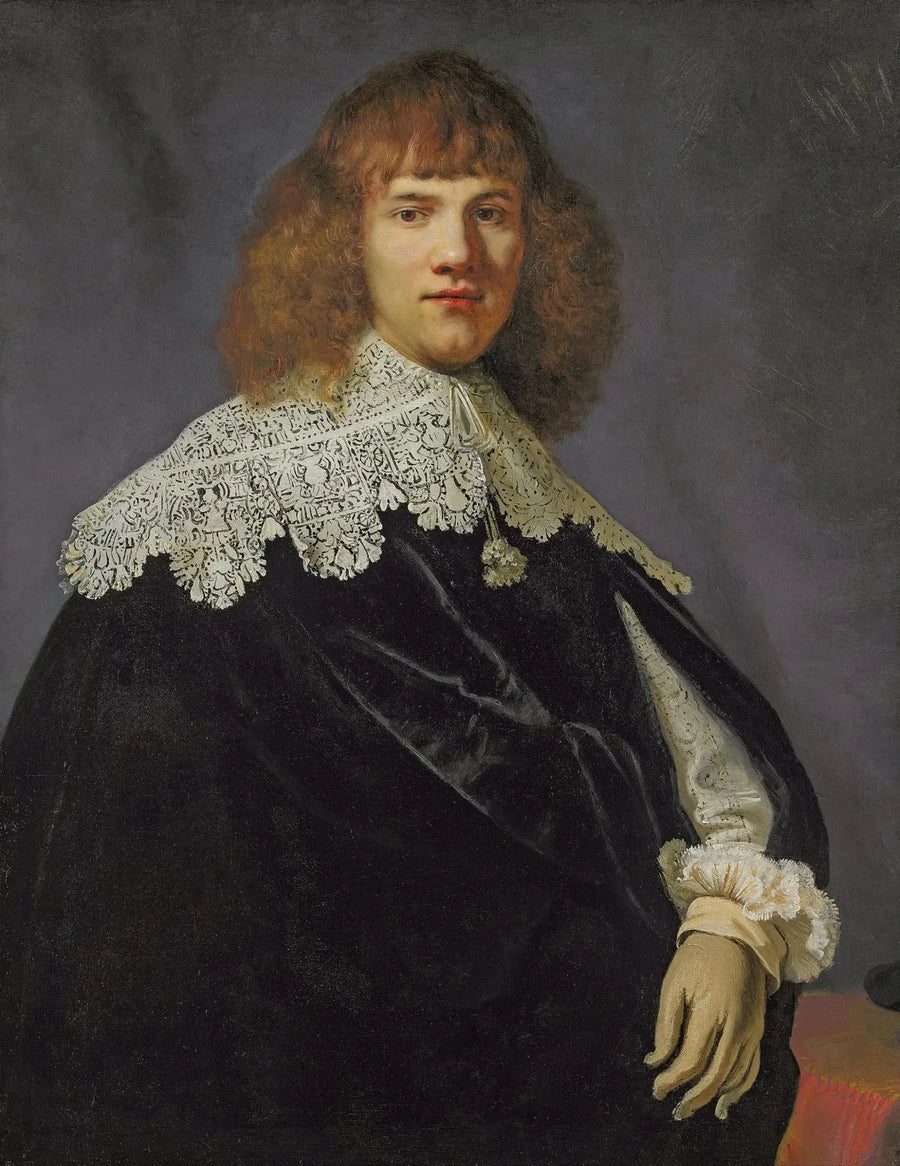 Retrato de un caballero, de medio cuerpo, vestido con un abrigo de terciopelo negro y un cuello y puños de encaje blanco - Rembrandt