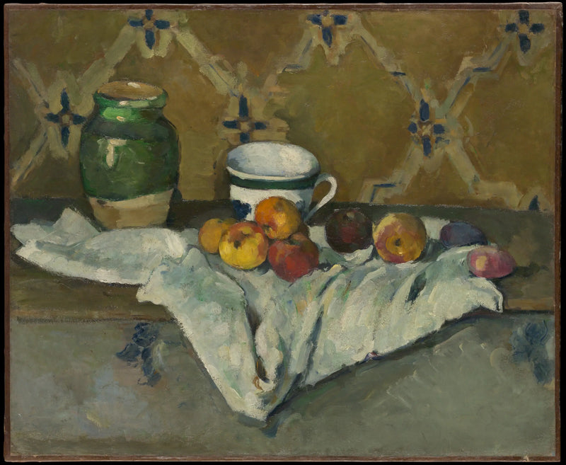 Cerámica, taza y frutas sobre un mantel blanco - Paul Cézanne