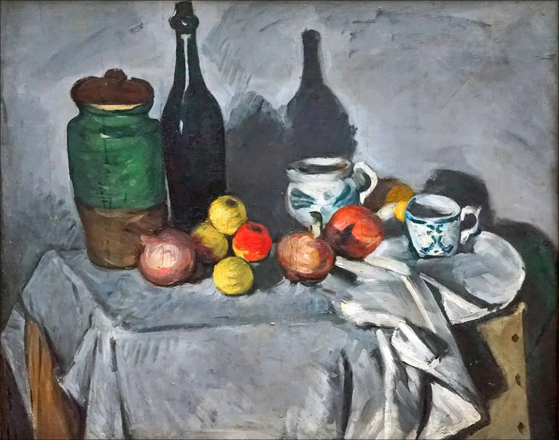 Macetas, botella, taza y frutas - Paul Cézanne