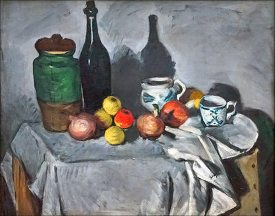 Reproduction du tableau « Pots, bouteille, tasse et fruits - Paul Cézanne » par Alpha Reproduction en peinture à l’huile