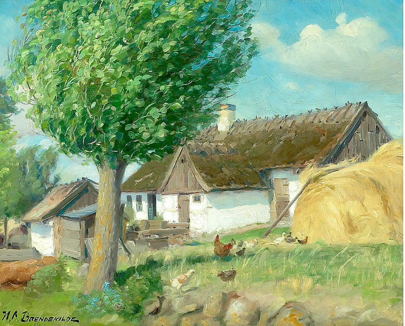 Gallinas frente a una granja con techo de paja. - H. A. Brendekilde