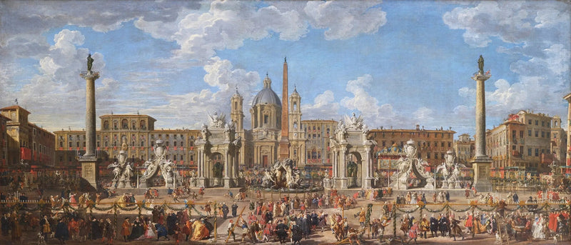 Preparación del espectáculo pirotécnico y de la decoración de la fiesta celebrada en la Plaza Navona, en Roma, el 30 de noviembre de 1729, con motivo del nacimiento del delfín - Giovanni Paolo Panini
