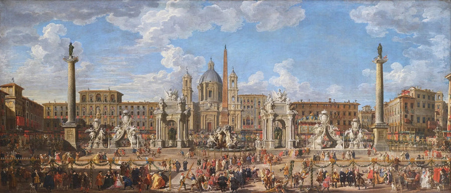 Preparación del espectáculo pirotécnico y de la decoración de la fiesta celebrada en la Plaza Navona, en Roma, el 30 de noviembre de 1729, con motivo del nacimiento del delfín - Giovanni Paolo Panini