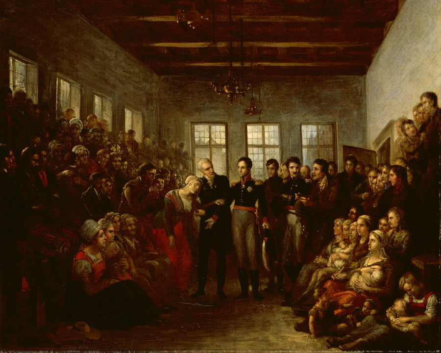 Le prince d'Orange rend visite aux victimes des inondations à l'Almoezeniersweeshuis à Amsterdam le 14 février 1825. - Mathieu-Ignace Van Brée