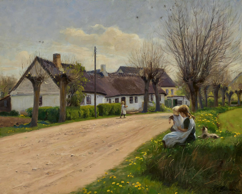 Primavera en un pueblo con chicas al borde de la carretera. - H. A. Brendekilde