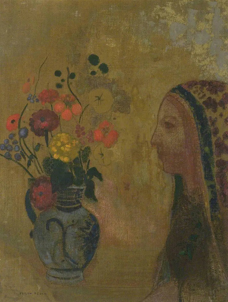 Perfil de mujer con jarrón de flores - Odilon Redon