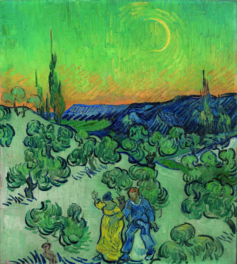 Paisaje con una pareja caminando y una luna creciente - Vincent van Gogh