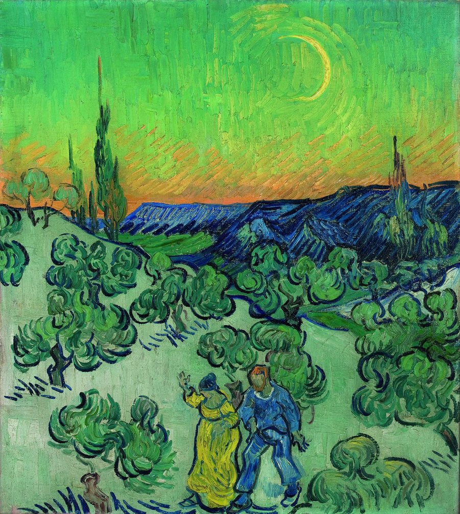 Paisaje con una pareja caminando y una luna creciente - Vincent van Gogh