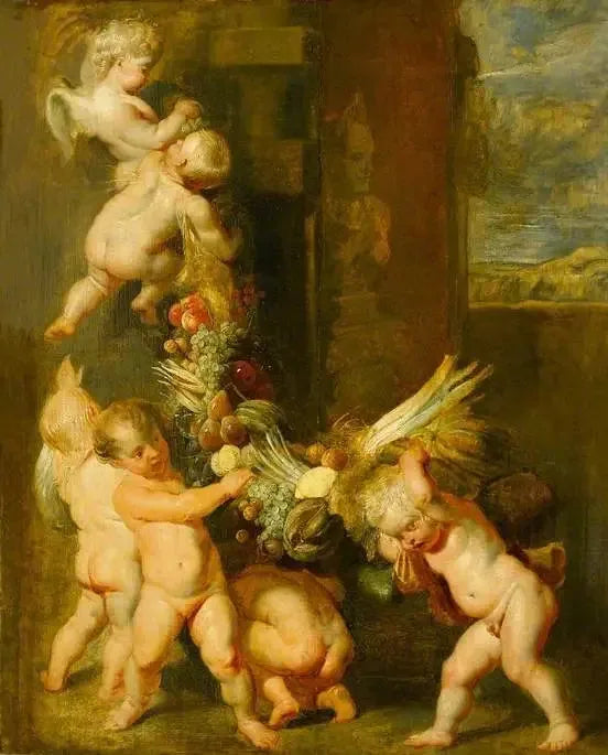 Putti llevando una guirnalda de frutas - Peter Paul Rubens