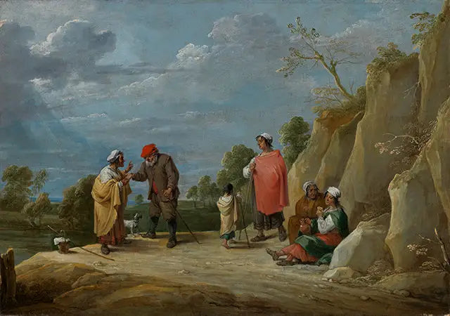 Cuatro gitanos con un niño, uno de ellos prediciendo la buena fortuna a un campesino - David Teniers el Joven