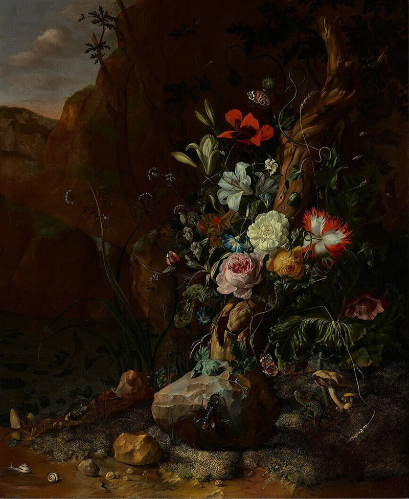 Tronc d’arbre entouré de fleurs, papillons et animaux - Rachel Ruysch