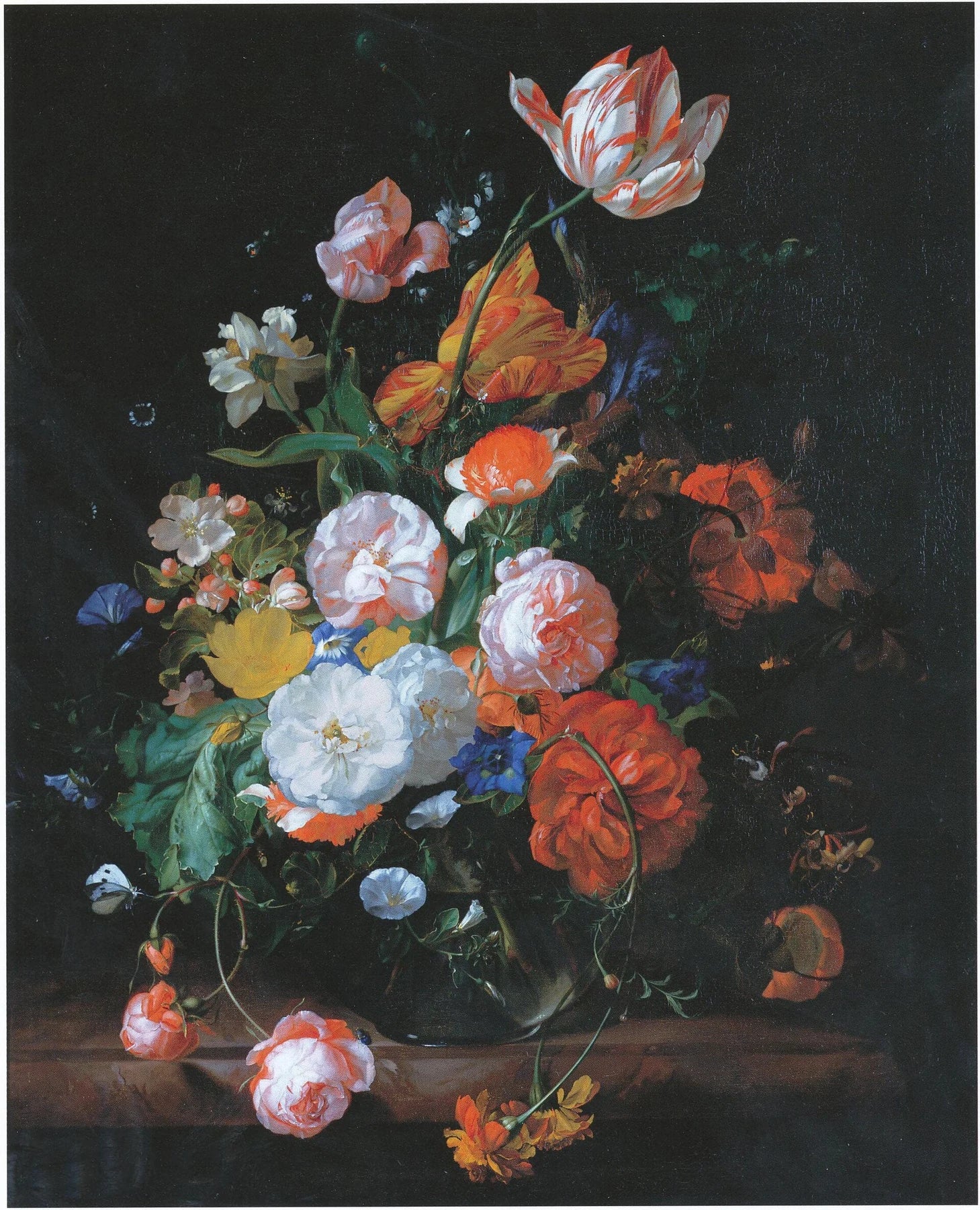 Fleurs dans un vase de verre — ancienne collection de Munich, peinture de Rachel Ruysch