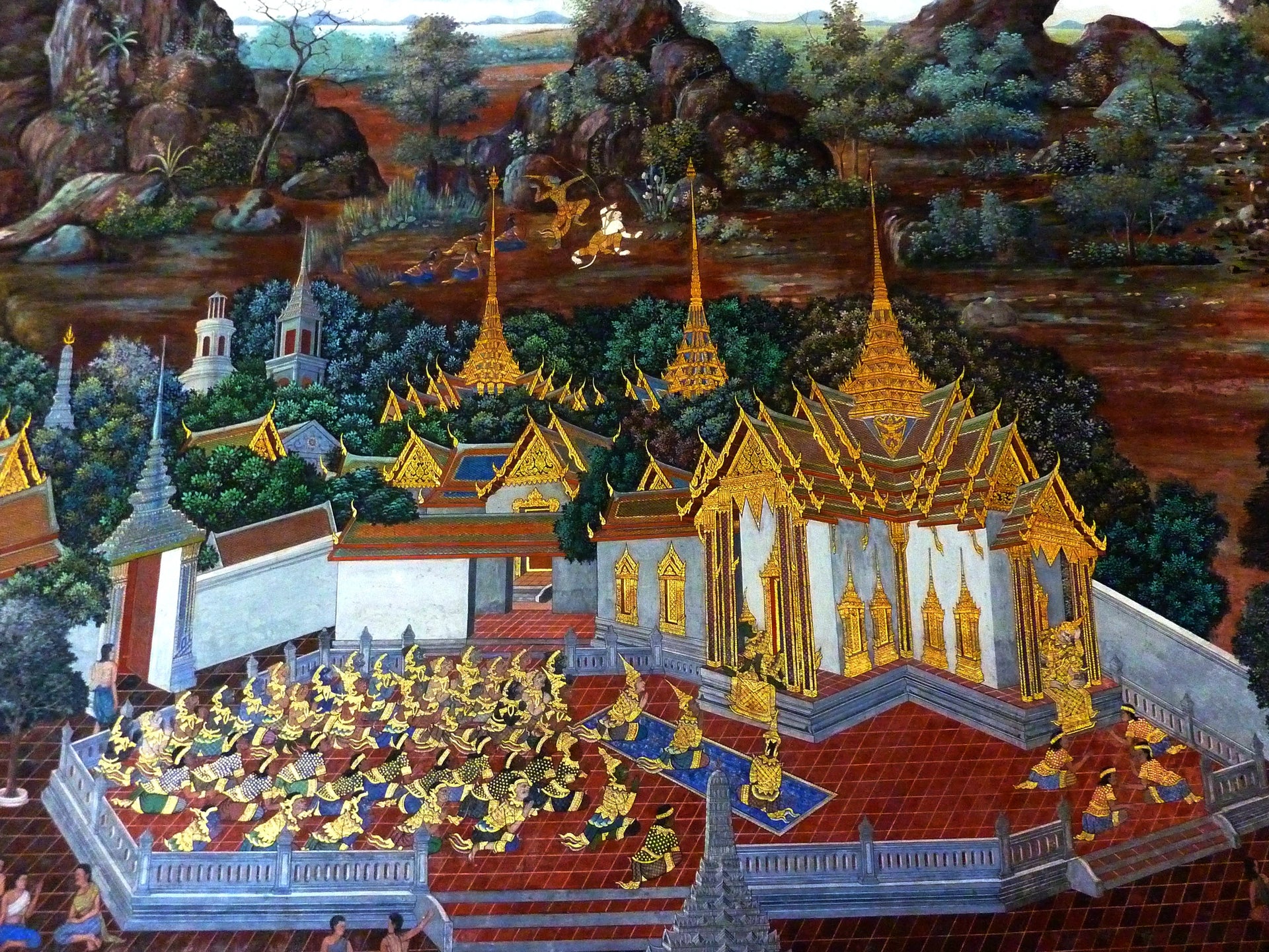 Ramakien, panneau 140 du cloître de Wat Phra Kaew, Ateliers royaux de Bangkok, fin du XVIIIe siècle, restauré depuis