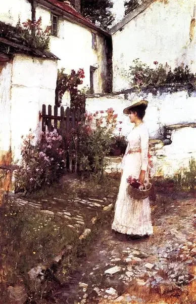 Reuniendo flores de verano en un jardín de Devonshire - John William Waterhouse
