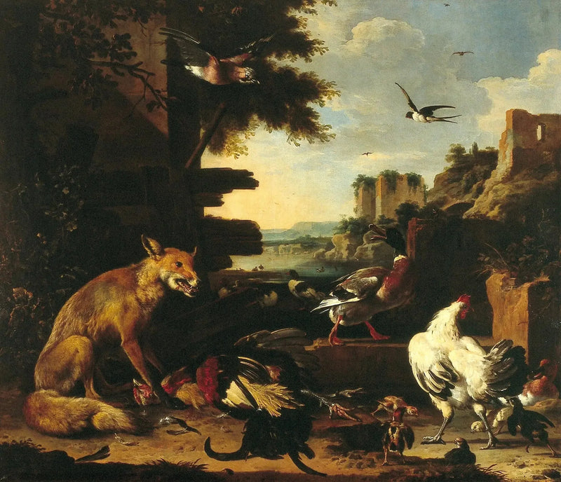 Zorro con gallo y aves muertas en un paisaje de parque - Melchior de Hondecoeter