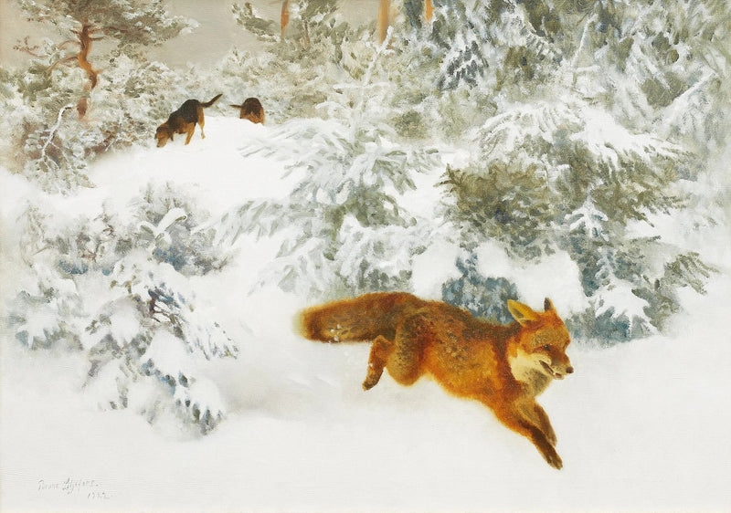 Zorro en un paisaje invernal con perros de caza - Bruno Liljefors