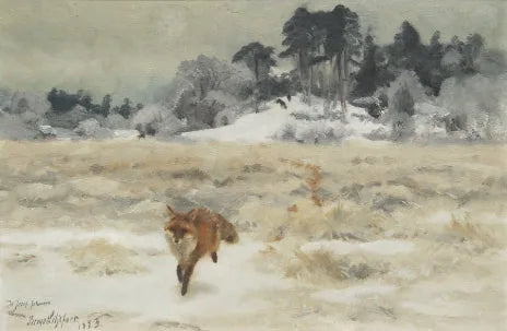 Zorro en un paisaje invernal con perros de caza - Bruno Liljefors