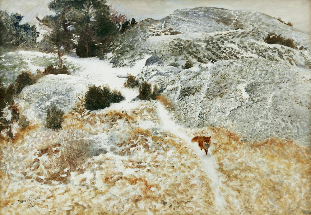 Renard et chiens de chasse dans un paysage hivernal - Bruno Liljefors image 1 copie peinte à la main à l’huile