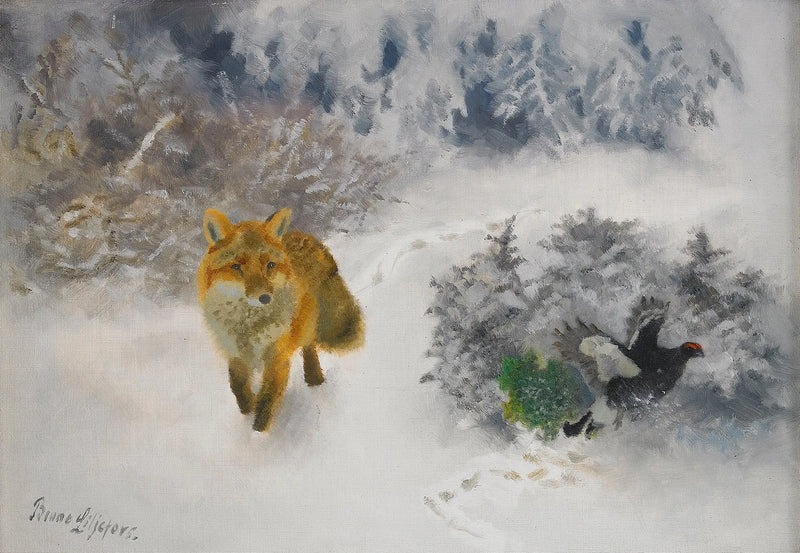 Machos de zorro y urogallo negro en un paisaje invernal - Bruno Liljefors