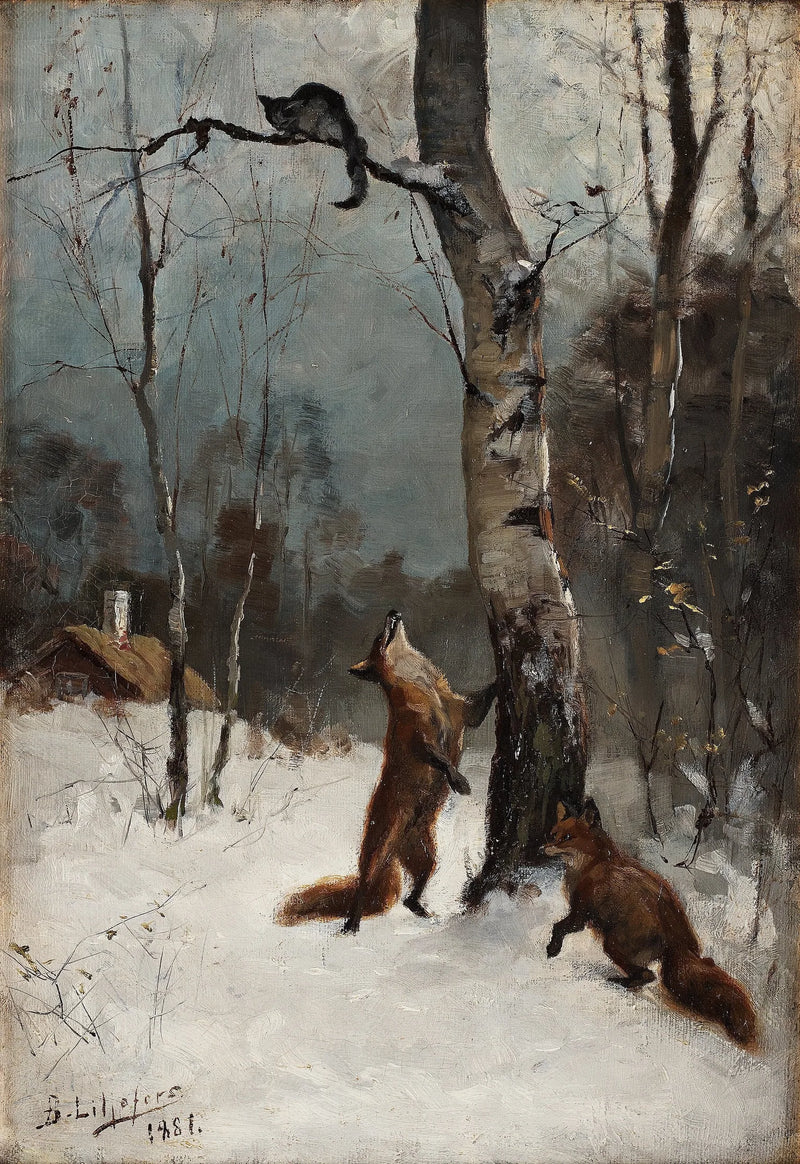 Zorros y gatos, paisaje invernal - Bruno Liljefors