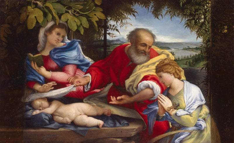 Reposo durante la huida a Egipto con Santa Justina - Lorenzo Lotto