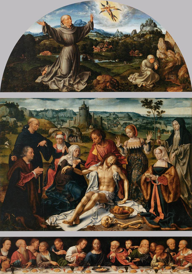 Retablo de la lamentación de Cristo: la lamentación de Cristo (panel central); La estigmatización de san Francisco (ventana); La Última Cena (predela) - Joos van Cleve