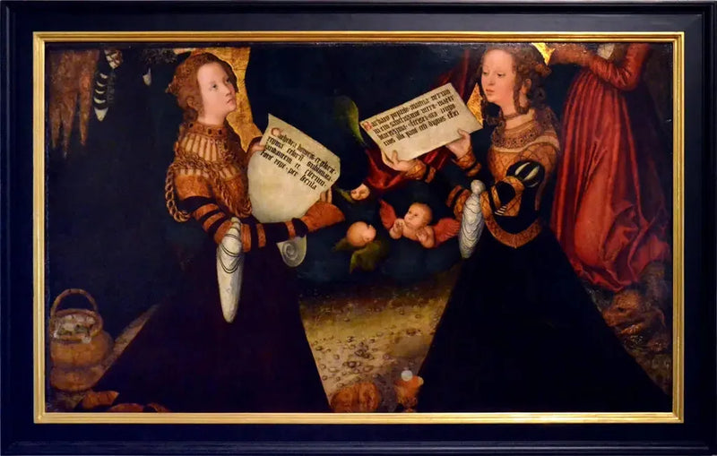 Retablo de Praga [panel central, fragmento] : Santa Catalina y Santa Bárbara con fragmentos de las figuras de Santa Dorotea y Santa Margarita - Lucas Cranach el Viejo