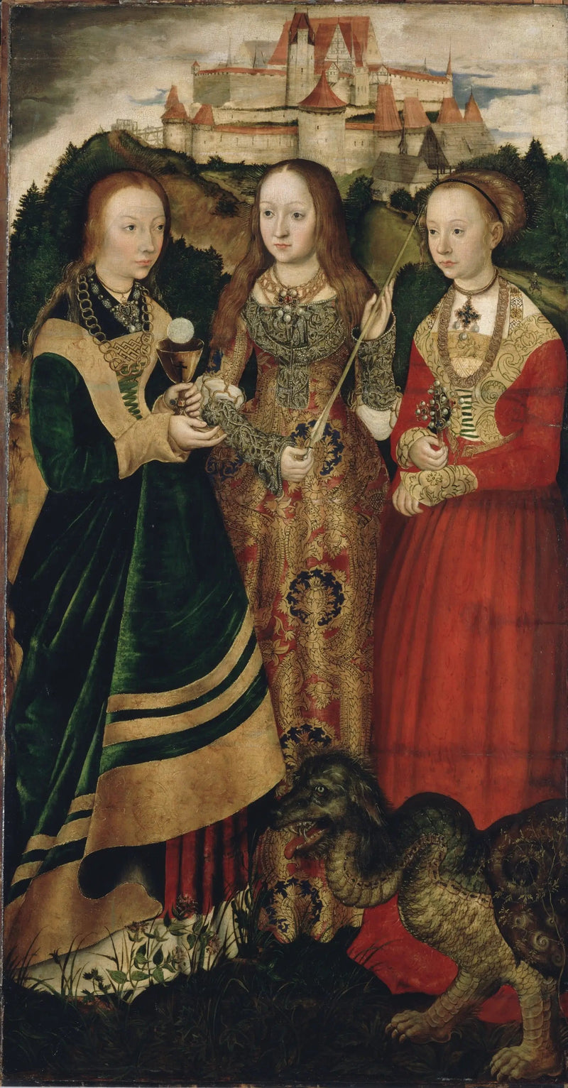 Retablo de la Muerte de Santa Catalina: Santa Bárbara, Santa Úrsula, Santa Margarita [ala derecha, anverso] - Lucas Cranach el Viejo