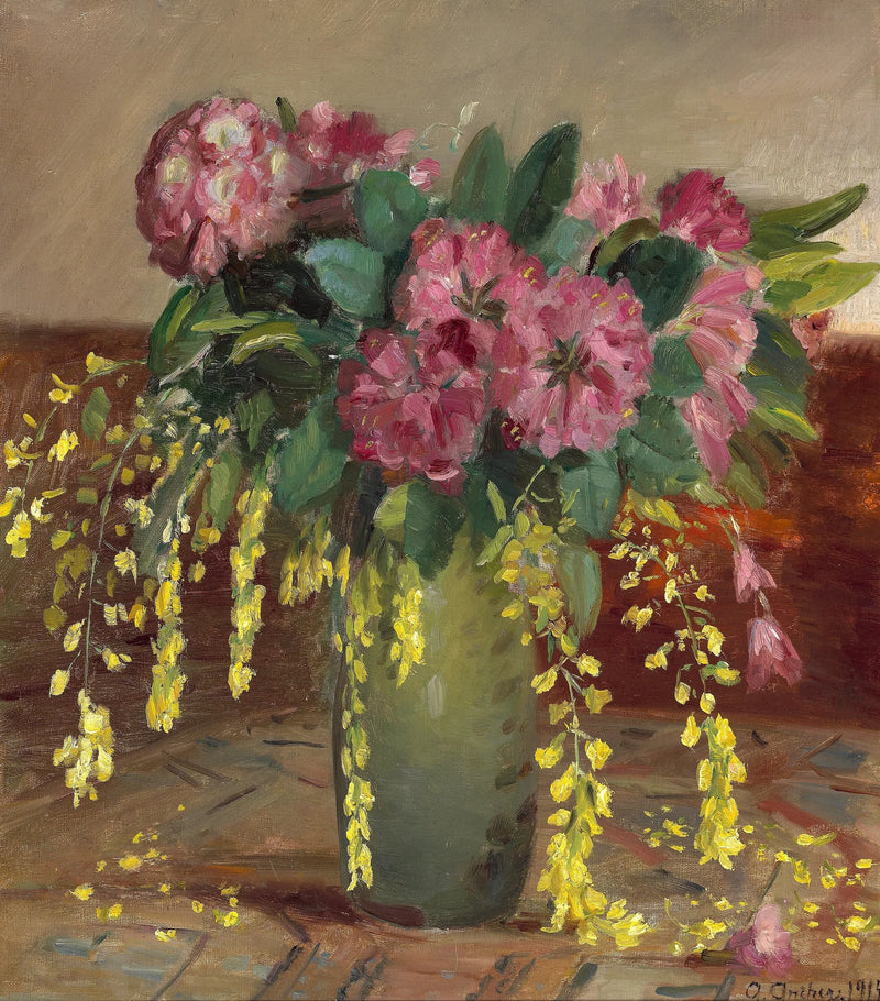 Rododendros rosas y laburnum en un jarrón verde - Anna Ancher