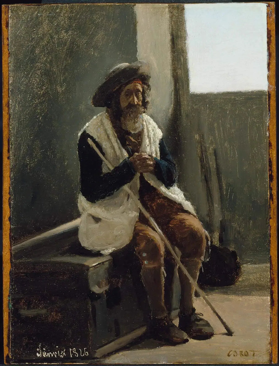 Roma, anciano sentado sobre un baúl propiedad de Corot - Jean-Baptiste Camille Corot