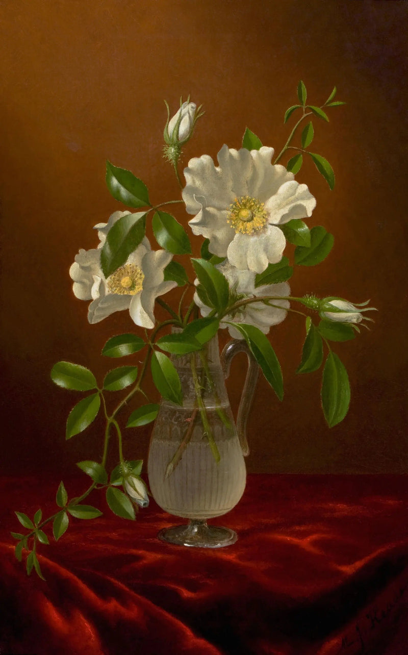 Rosas Cherokee en un jarrón de vidrio - Martin Johnson Heade