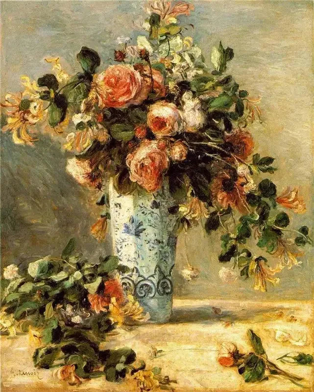 Rosas y jazmines en un jarrón de Delft - Pierre-Auguste Renoir