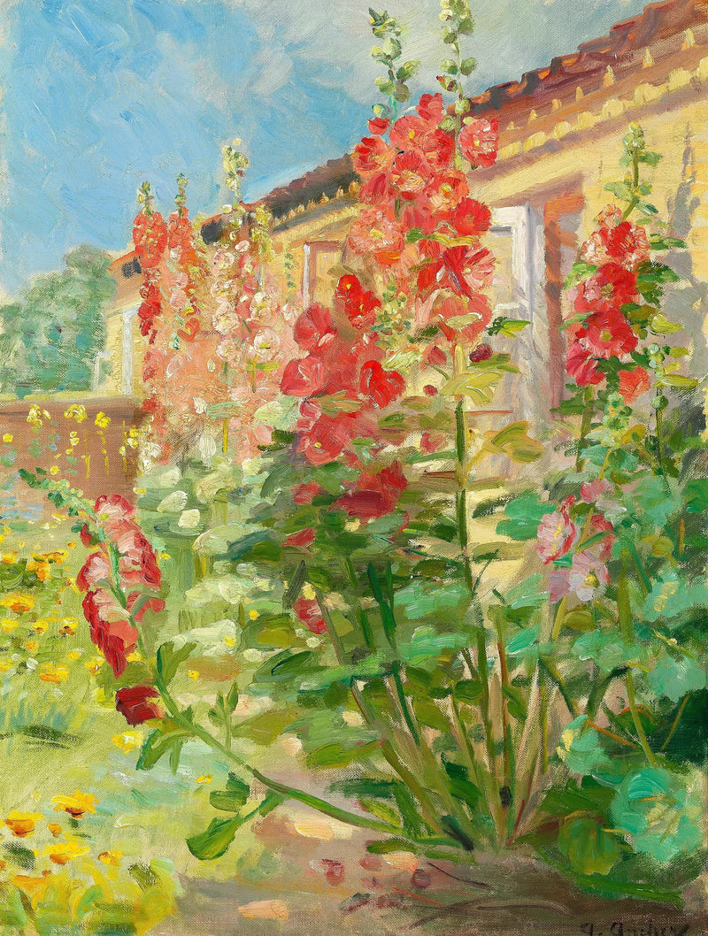 Malvarrosas rojas en el jardín de la familia Ancher en Markvej en Skagen. -Anna Ancher