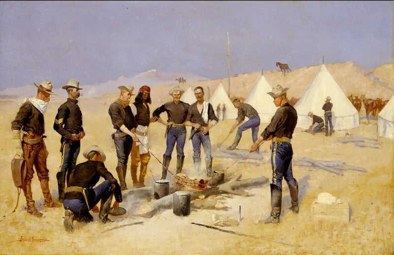 Asar la carne de res de Navidad en un campamento de caballería - Frederic Remington
