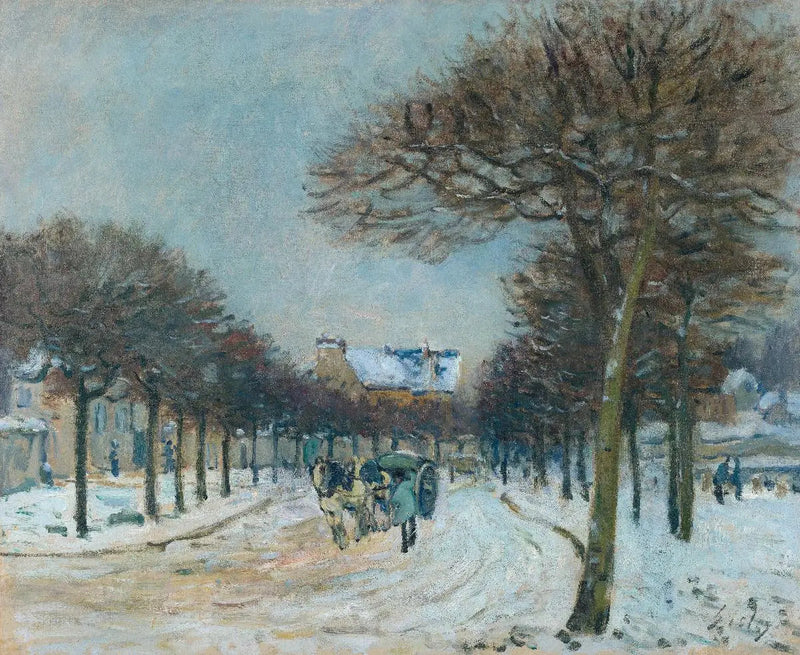Ruta contornando el Abrevadero de Marly-le-Roi, tiempo de nieve - Alfred Sisley