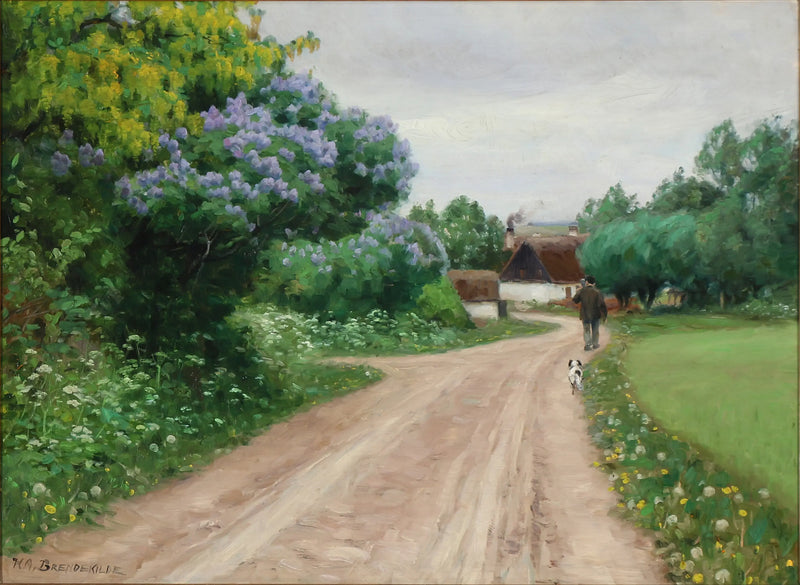 Camino rural con lilas en flor y lluvias doradas - H. A. Brendekilde
