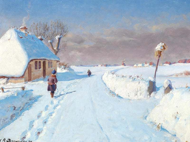 Camino soleado en el borde de un pueblo, invierno (32 x 42 cm). - H. A. Brendekilde