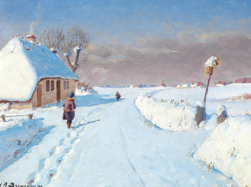 Camino soleado en el borde de un pueblo, invierno (32 x 42 cm). - H. A. Brendekilde
