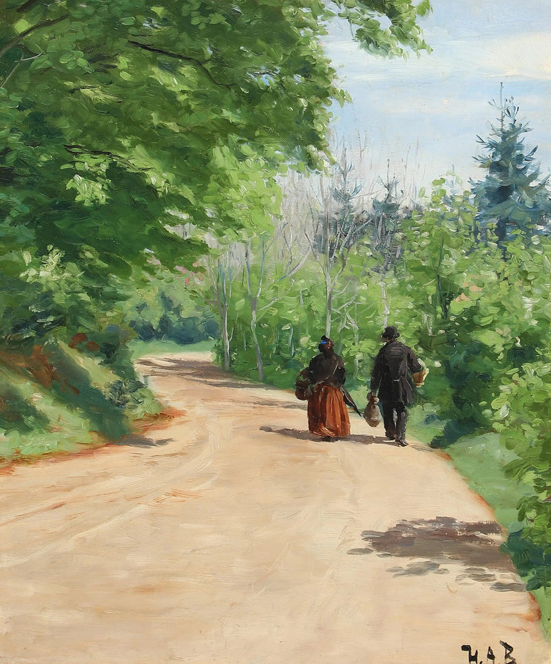 Ruta forestal primaveral con una pareja caminando. - H. A. Brendekilde
