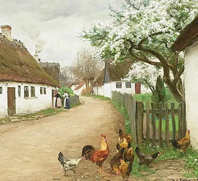 Calle del pueblo con gallinas y dos mujeres que conversan. - H. A. Brendekilde