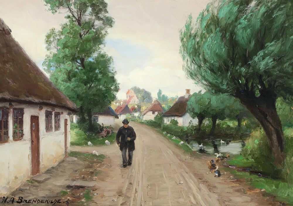 Rue du village avec homme et canards au bord de l'étang. - H. A. Brendekilde image 1 reproduction de peinture à l’huile