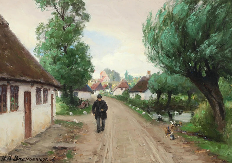 Calle del pueblo con hombre y patos junto al estanque. - H. A. Brendekilde