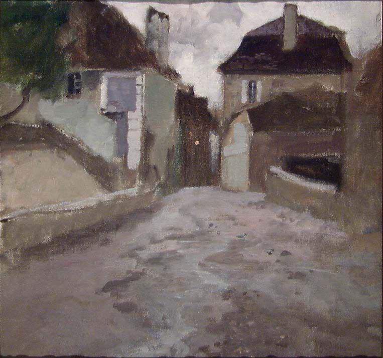 Calle del pueblo bajo un cielo nublado - Frits Thaulow