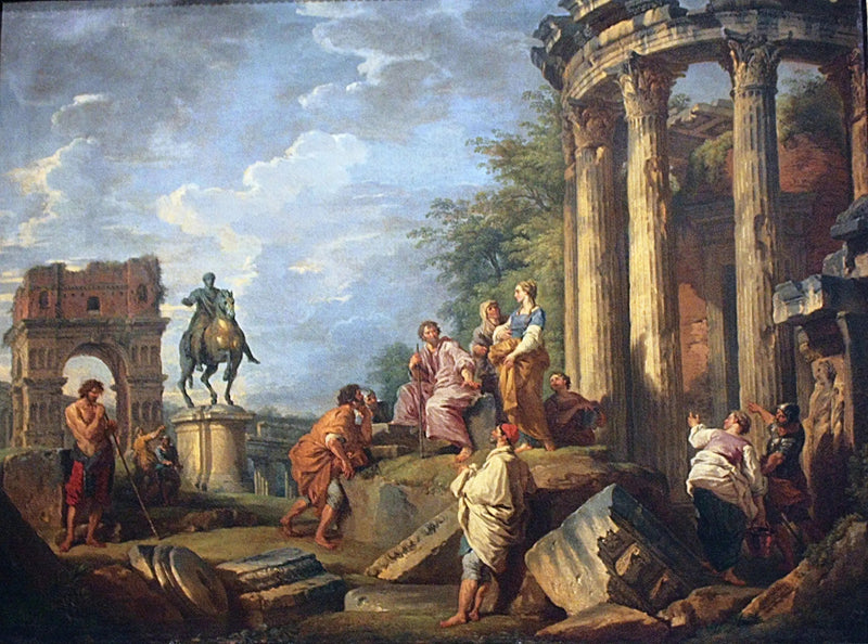 Ruinas de arquitectura con el arco de Janus, el templo de Vesta y la estatua ecuestre de Marco Aurelio - Giovanni Paolo Panini