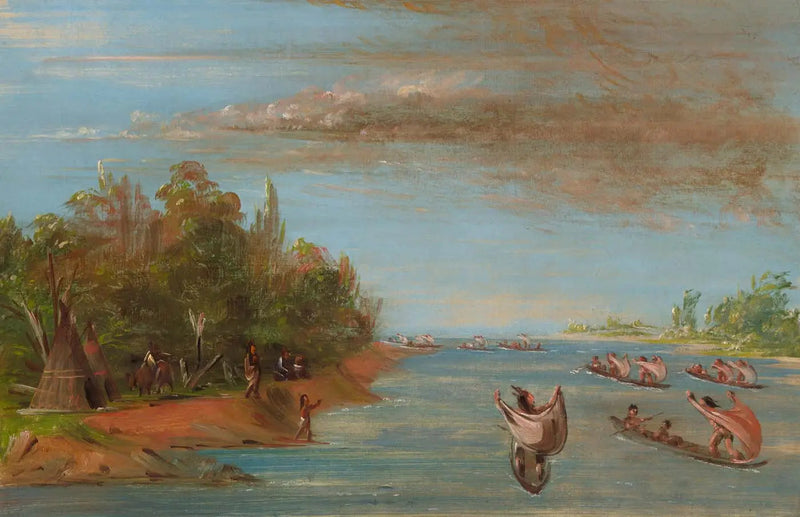 Sac et Fox navegando en canoa - George Catlin