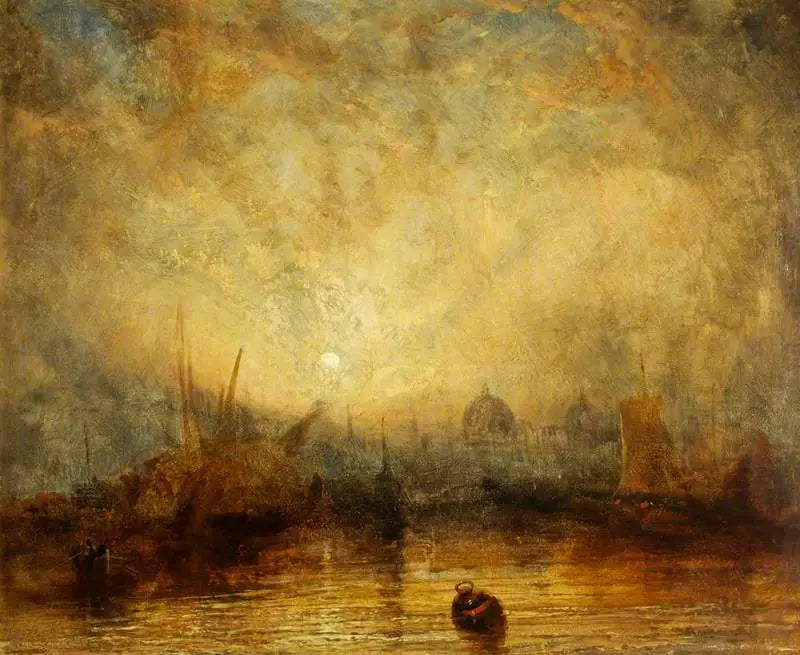 Navegación y otros barcos al atardecer con vista hacia las cúpulas de una ciudad (probablemente Venecia) - J. M. W. Turner