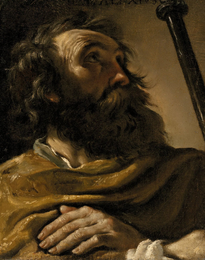 San Alexis con un abrigo marrón, sosteniendo un bastón - Guercino