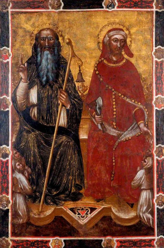 San Antolín de Abadía y San Elías con dos pares de fieles arrodillados (un lado de una bandera procesional) (antiguamente atribuido a Barnaba da Modena) - Spinello Aretino