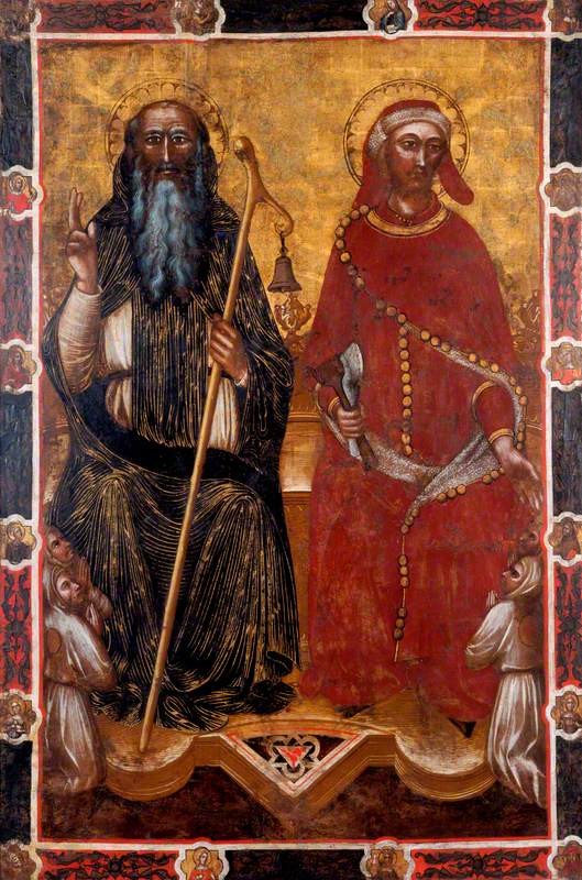 San Antolín de Abadía y San Elías con dos pares de fieles arrodillados (un lado de una bandera procesional) (antiguamente atribuido a Barnaba da Modena) - Spinello Aretino